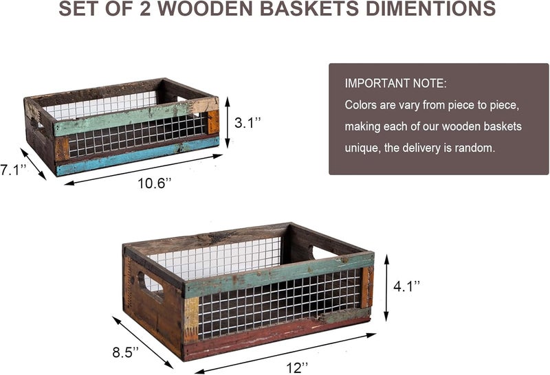 TIMRIS Set of 2 Rustic Wooden Countertop Baskets, Farmhouse Distressed Nesting Boxes, Small Decorative Wooden Storage Crates, Reclaimed Wood Organizer Baskets with Wire Mesh (Random) - Image 5